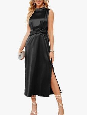 Jasambac | Sleeveless Black Satin Maxi Dress with Waist Tie